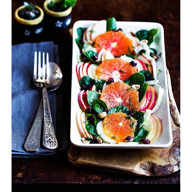 Orange And Fennel Salad With Apple, Spinach And Roasted Hazelnuts