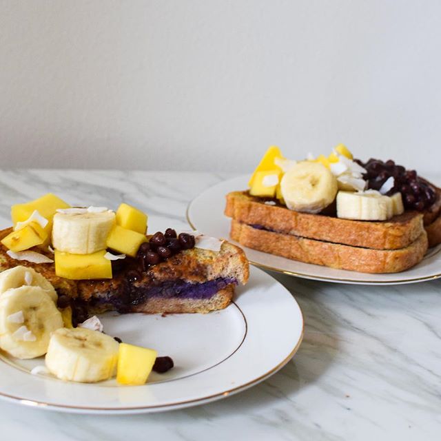 French Toast Stuffed With Purple Okinawa Potato And Topped With Red