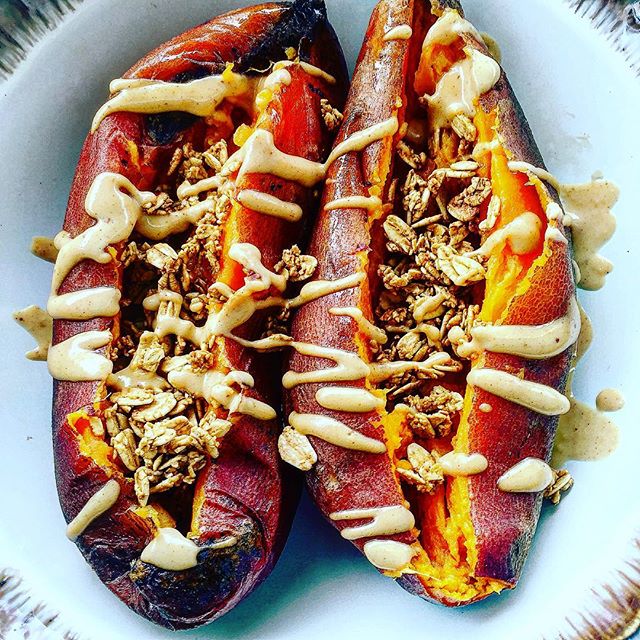 Baked Yams, Crunchy Granola, Creamy Peanut Butter Drizzle recipe
