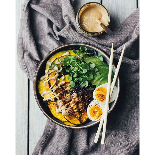 Black Rice Noodle Bowl With Roasted Squash And Creamy Miso Dressing by