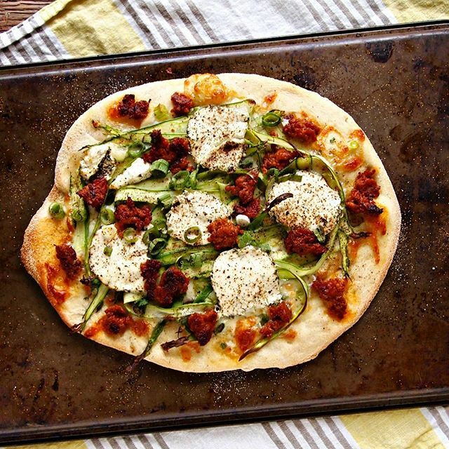 Spicy Chorizo Pizza with Caramelized Onions, Goat Cheese