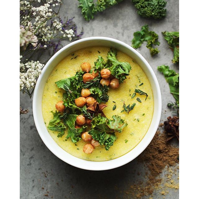 Polenta Topped With Crispy Baked Kale And Chickpeas recipe