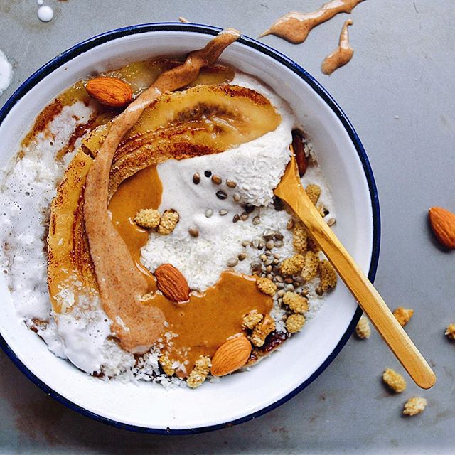 Raw Cashew Buckwheat Porridge With Roasted Banana, Nut Butter And