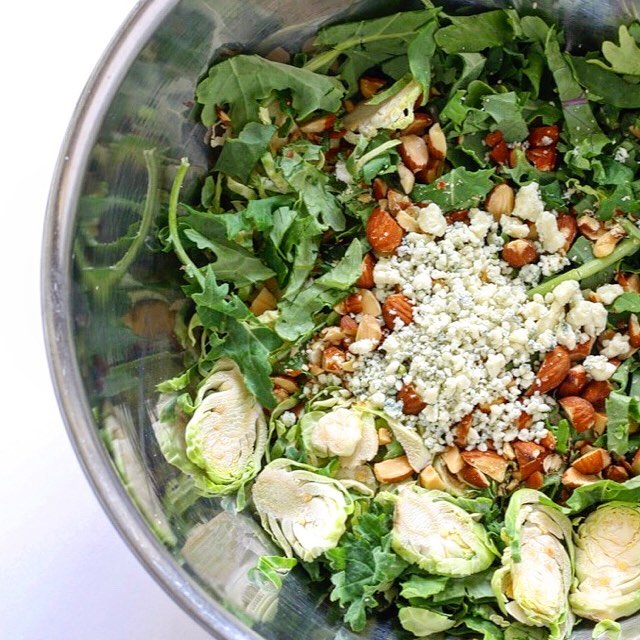 Shaved Brussels Sprouts & Kale Salad With Blue Cheese And Bacon by
