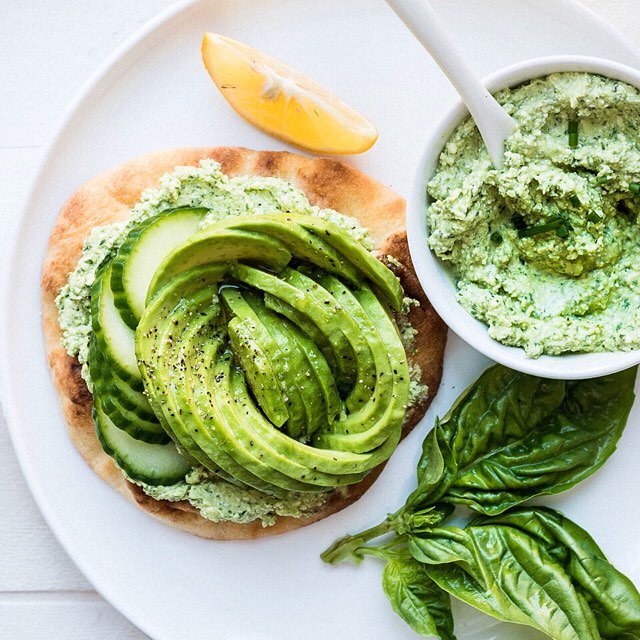 Avocado Pita Bread Toast With Green Goddess Feta Spread And Cucumbers