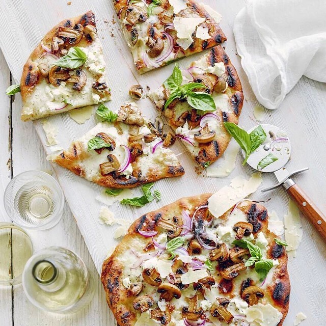 Three Cheese Mushroom Grilled White Pizza Mozzarella Goat Parmesan Recipe By Gaby Dalkin The Feedfeed