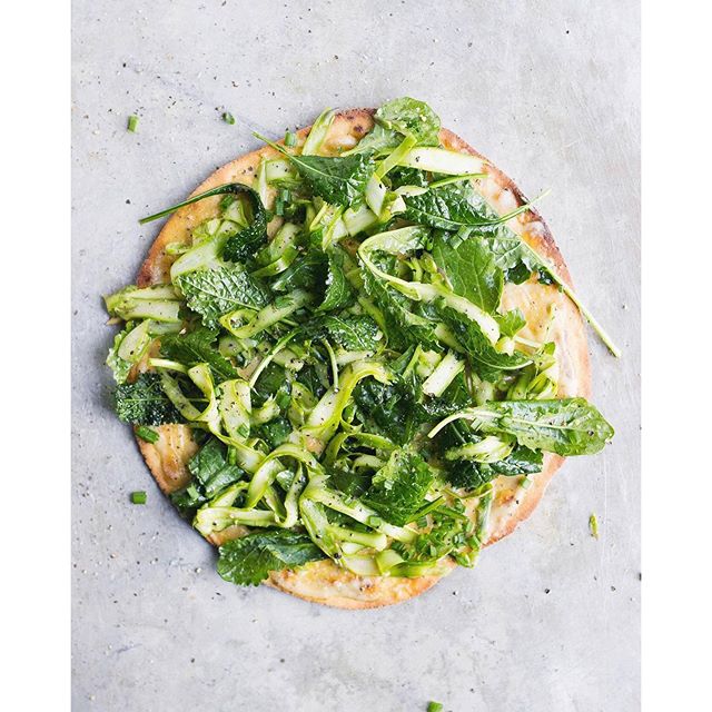 Chickpea Flour Pizza With Hummus, Shaved Asparagus And Baby Kale by