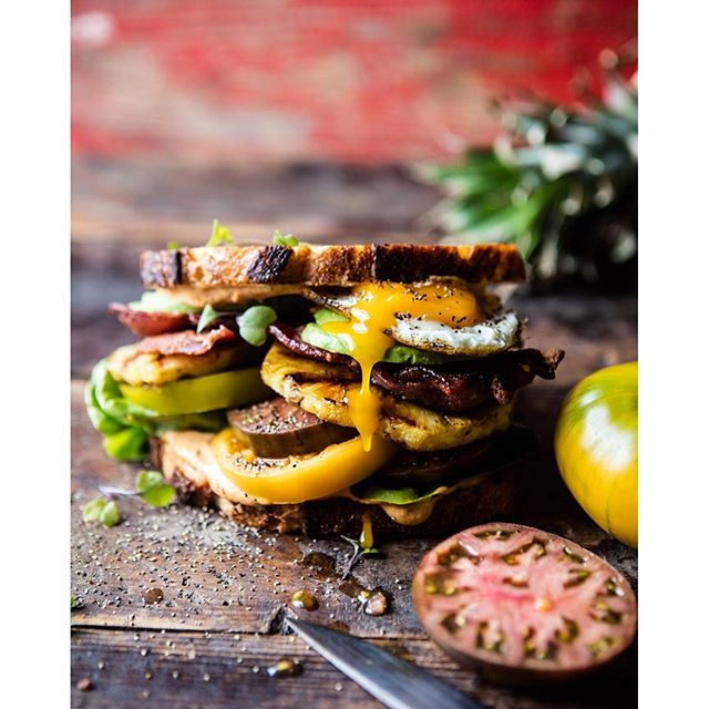 Grilled Pineapple Blt With Sweet Chili Butter And Sriracha Tahini Sauce