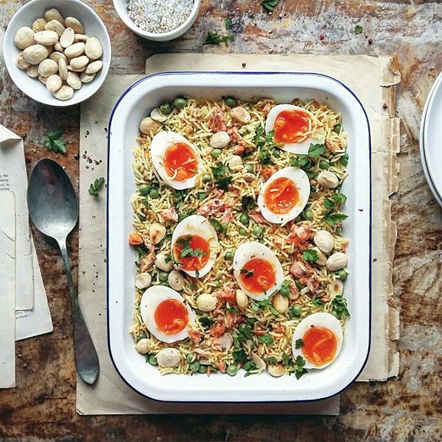 Trout And Turmeric Rice Salad With Marcona Almonds And Soft Boiled Egg
