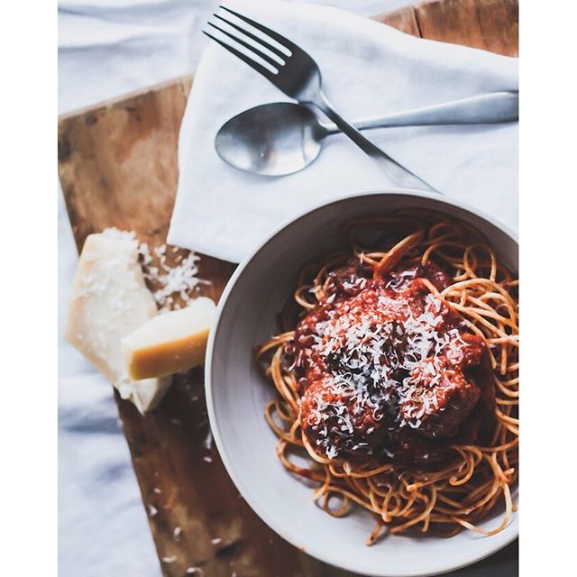 Spaghetti And Meatballs With Slow Simmered Fire Roasted Tomato Sauce by