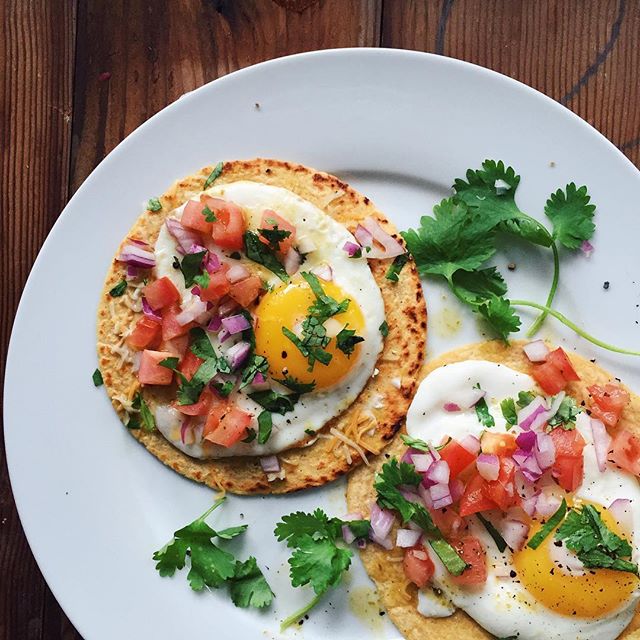Breakfast Tacos With Sunny Side Up Eggs, Fresh Tomatoes, Red Onion