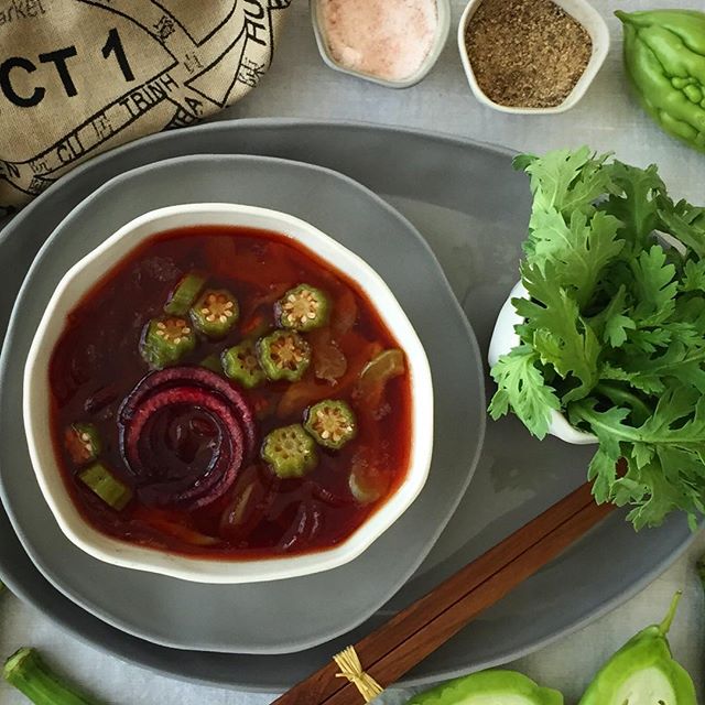 Bone Broth With Bitter Melon, Okra And Beetroot Noodles by