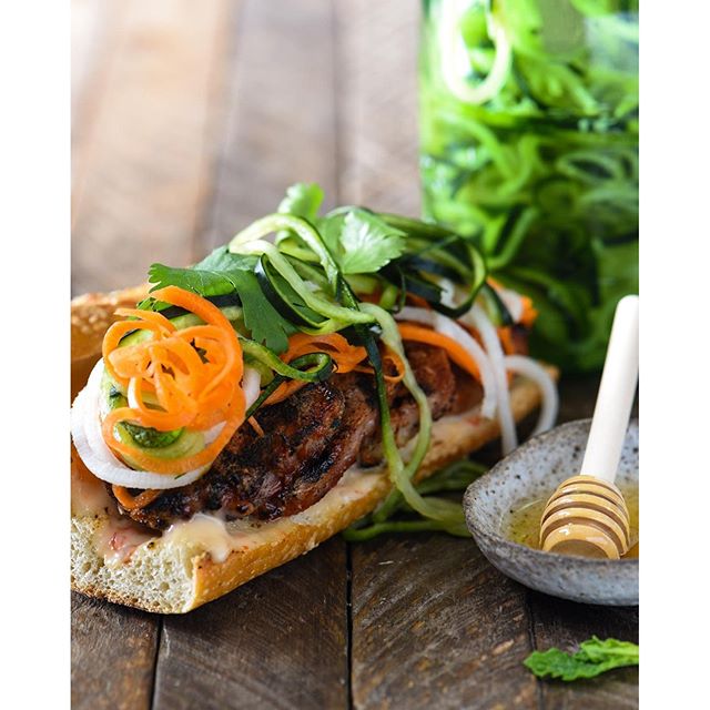 Honey Grilled Pork Banh Mi With Spiralized Pickled Vegetables by