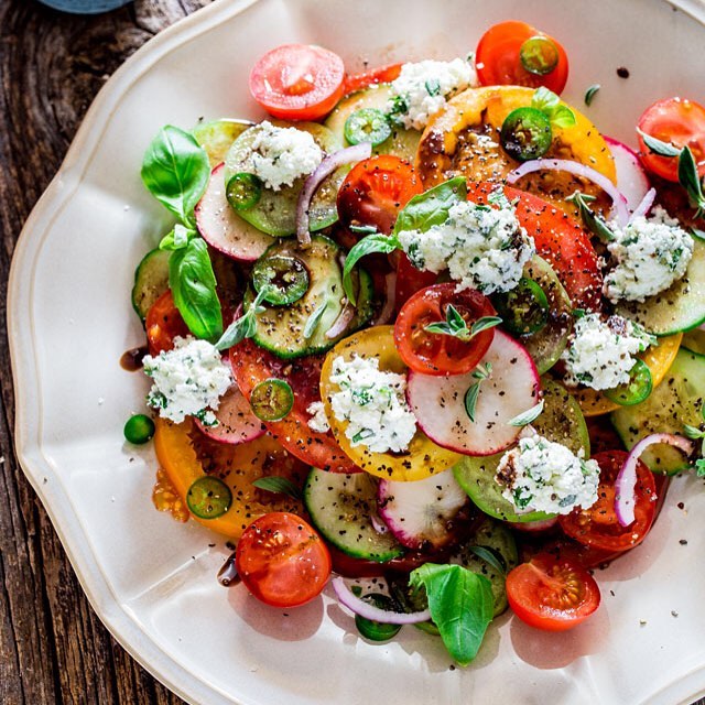 Tomato Salad With Herbed Ricotta And Balsamic Vinaigrette • Jo Cooks