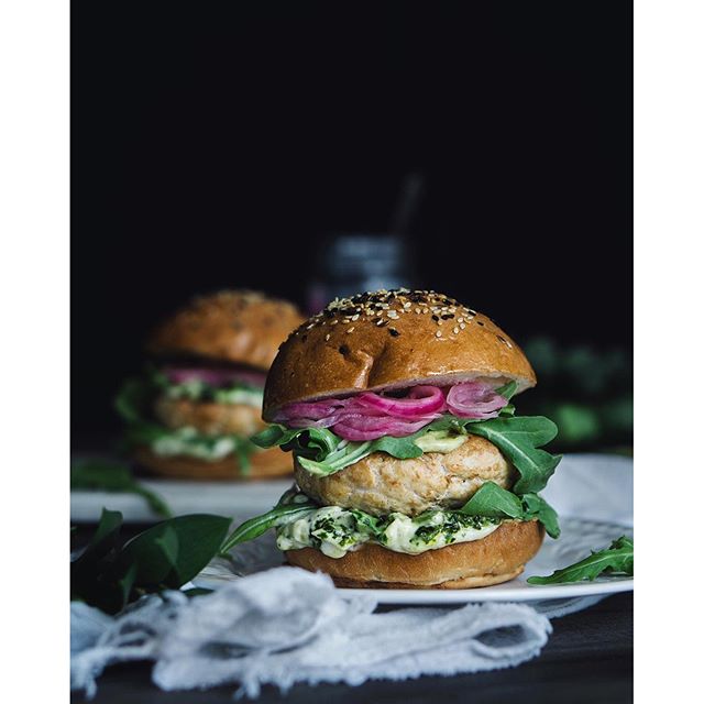 Turkey Burger With Pesto Mayo, Arugula And Pickled Onions Recipe The Feedfeed