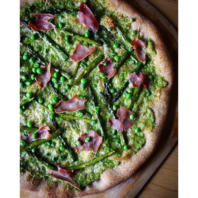Spring Pizza With Roasted Asparagus, Pea And Parmesan Sauce And Crispy