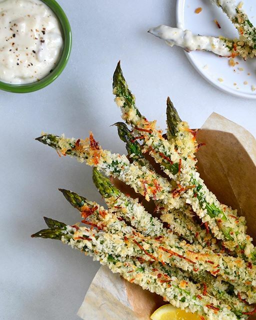 Baked Asparagus Fries With Roasted Garlic Aioli Recipe By Kelly Senyei Just A Taste The Feedfeed