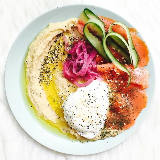 Everything Bagel & Lox Hummus With Poached Egg, Pickled Onion And