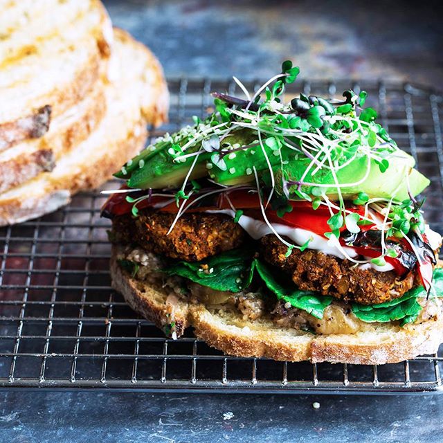 Green Lentil Protein Patty Sandwich With Smoked Eggplant And Roasted