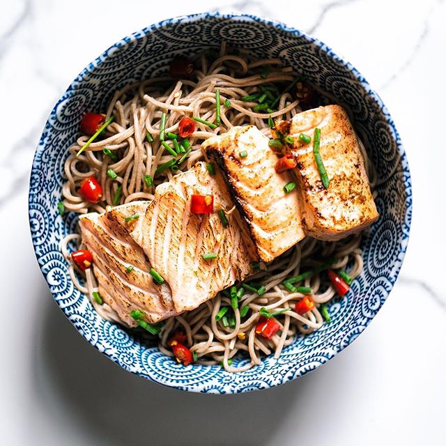 Aburi Salmon Bowl With Soba Noodles, Chiles And Scallions by