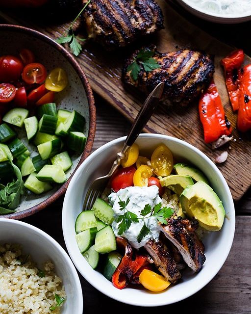 Cauliflower Rice Bowls With Greek Style Grilled Chicken And Vegetables