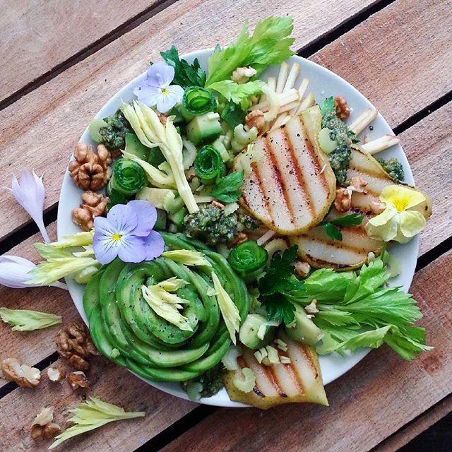 Salad With Grilled Pear, Walnuts, Celery, Apple, Cucumbers, Avocado And