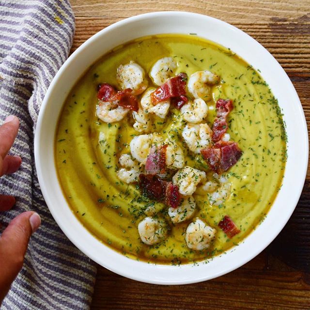 Cauliflower And Broccoli Puree With Broiled Shrimp & Bacon Recipe The