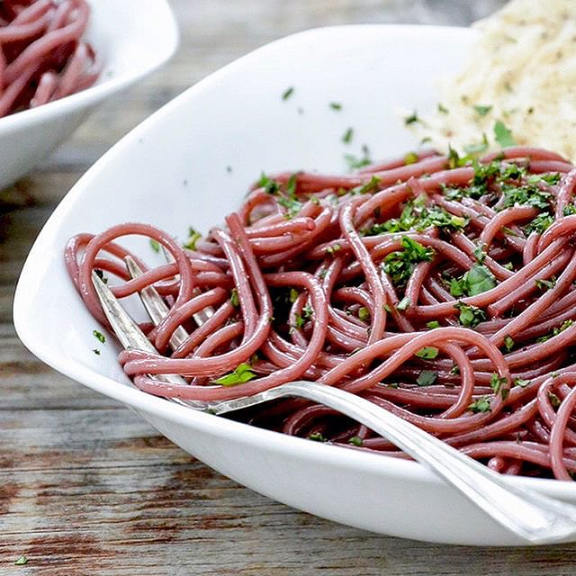 Red Wine Spaghetti With Parmesan Wafers Recipe | The Feedfeed