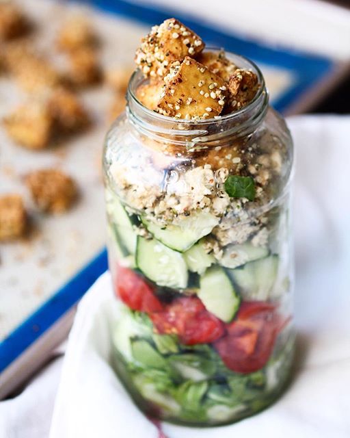 Cucumber And Tomato Salad Jar With Hemp Crusted Tofu Recipe The Feedfeed