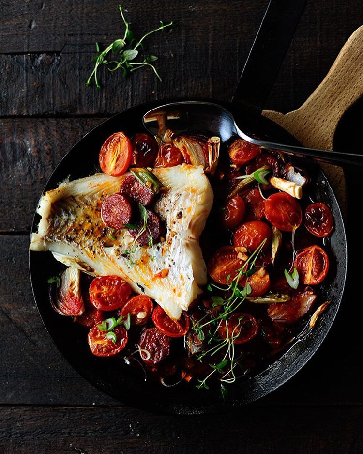 Skillet Baked Cod With Chorizo, Red Onion & Cherry Tomatoes Recipe