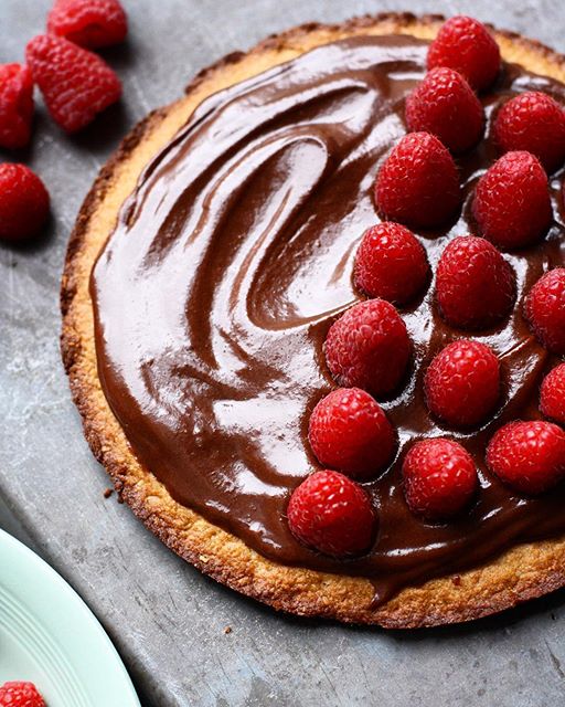 Chocolate Hazelnut Raspberry Tart With Coconut Cookie Crust recipe by n