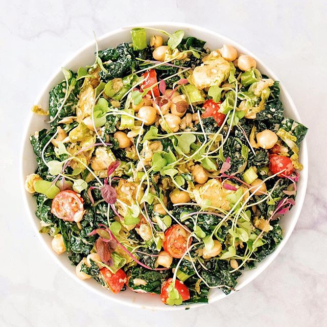 Kale And Brussels Sprout Salad With Chickpeas And Lemon Basil Yogurt