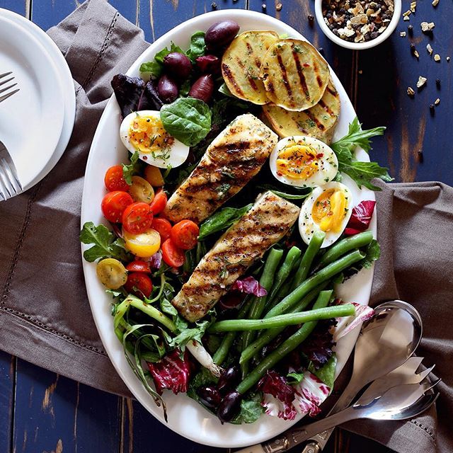 Halibut Nicoise Salad With Grilled Vegetables And Lemon Dill