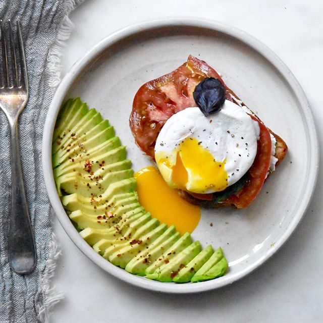 Buckwheat Toast With Tomato, Avocado, Goat Cheese, Purple Basil And