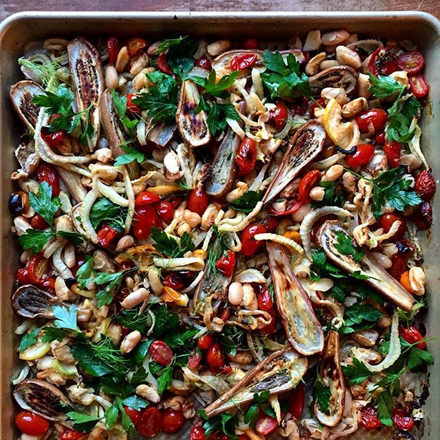 Fairy Tale Eggplant Sheet Pan Salad With Fennel, Cherry Tomatoes, White