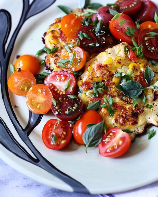 Jalapeño, Sweet Corn & Goat Cheese Fritters With Cherry Tomatoes recipe