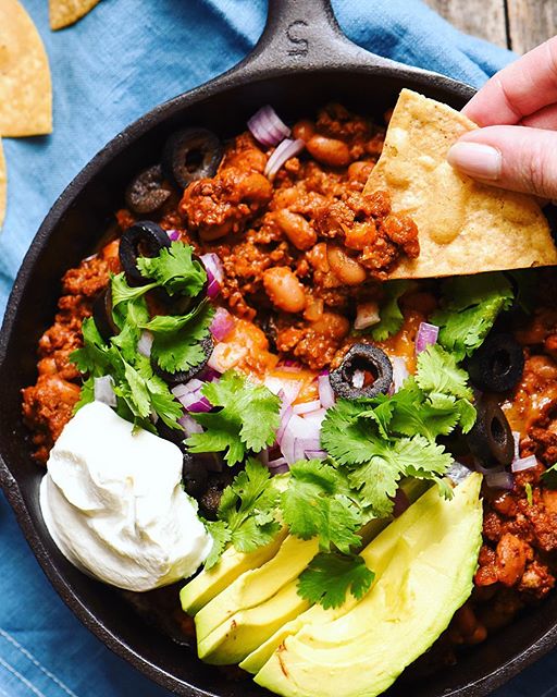 Beef Chili Dip With Pinto Beans, Cheddar Cheese, Black Olives, Sour