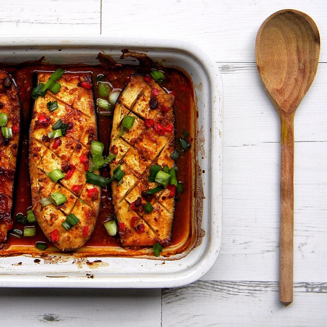 Miso Roasted Aubergine Eggplant With Toasted Sesame Seeds & Green