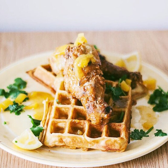 Indian Style Fried Chicken In Garam Masala & Spiced Waffles With Mango