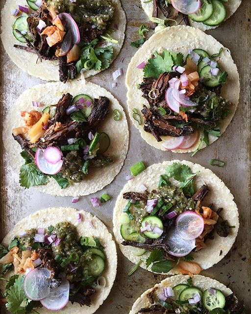 Slow Cooked Korean Style Skirt Steak Tacos With Salsa Verde, Cucumbers And Red Onion by judy.kim
