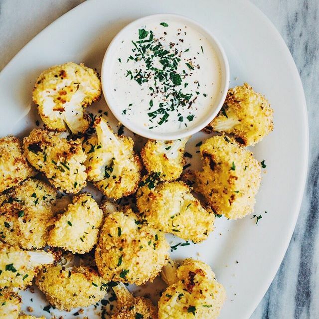 Baked Panko Crusted Parmesan Cauliflower Bites With Garlic Dip Recipe By Elizabeth Stark The Feedfeed