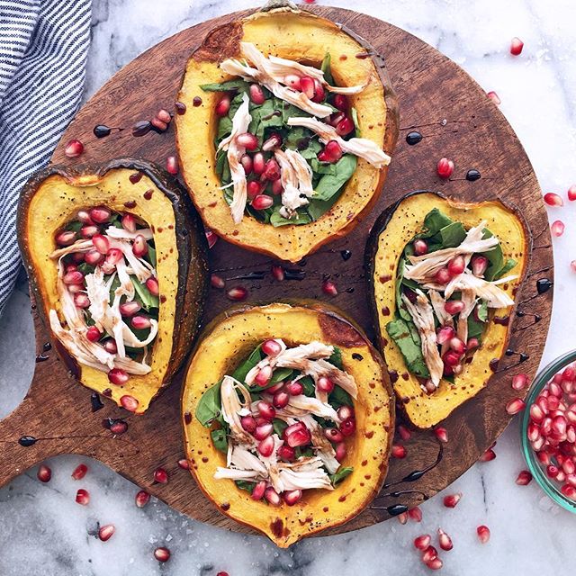 Roasted Acorn Squash With Spinach Shredded Chicken Pomegranate Seeds And Balsamic Vinegar By Bazaarlazarr Quick Easy Recipe The Feedfeed