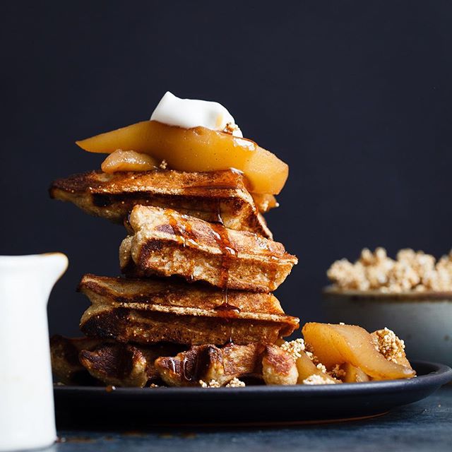 Amaranth Waffles Topped With Chai Poached Pears, Pear Syrup And Candied