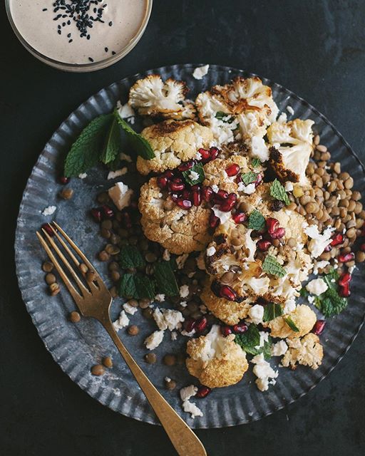 Roasted Cauliflower With Lentils, Feta, Pomegranate, Mint & Tahini by