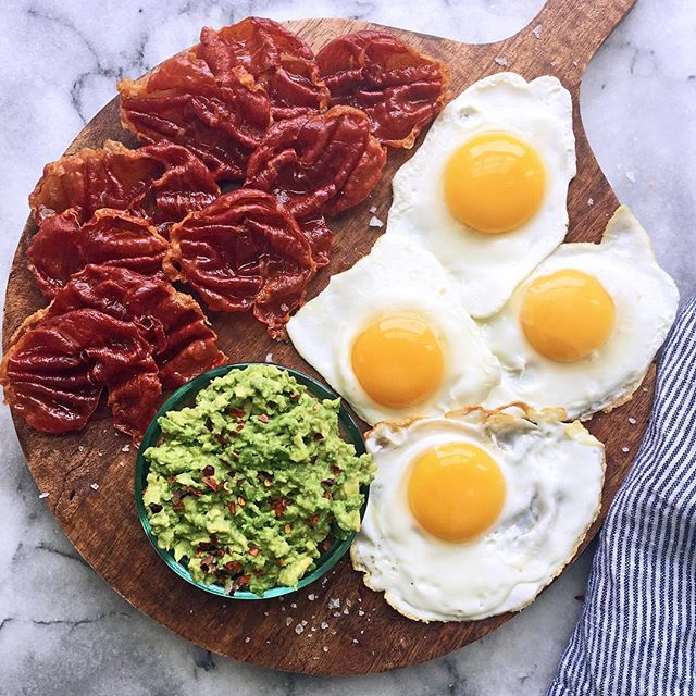 Breakfast Platter With Crispy Prosciutto, Fried Eggs And Mashed Avocado