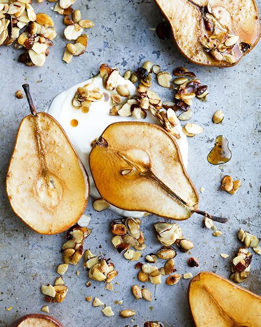 Cardamom Roasted Pears With Maple Nut Clusters And Greek Yogurt by