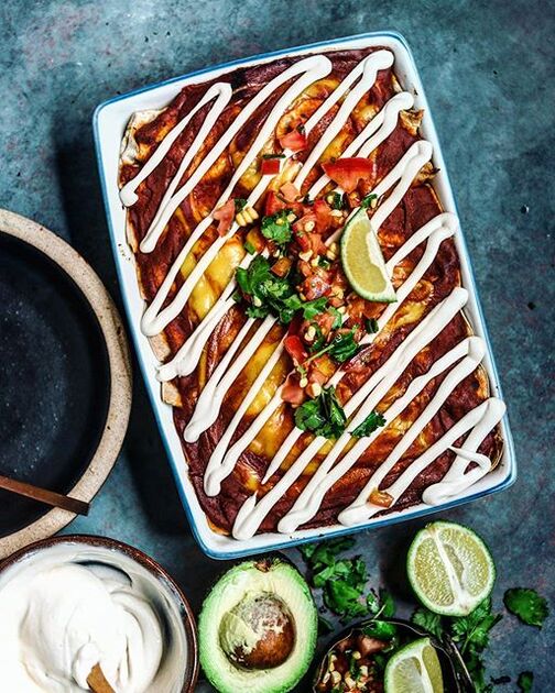 Vegan sweet potato and black bean enchiladas with creamy cashew sauce