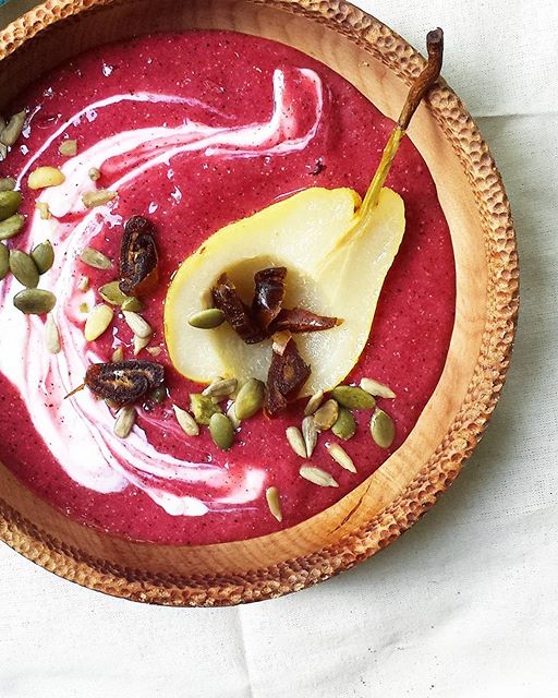 Berry Banana Smoothie Bowl With Coconut Yogurt Swirl And Poached Pear