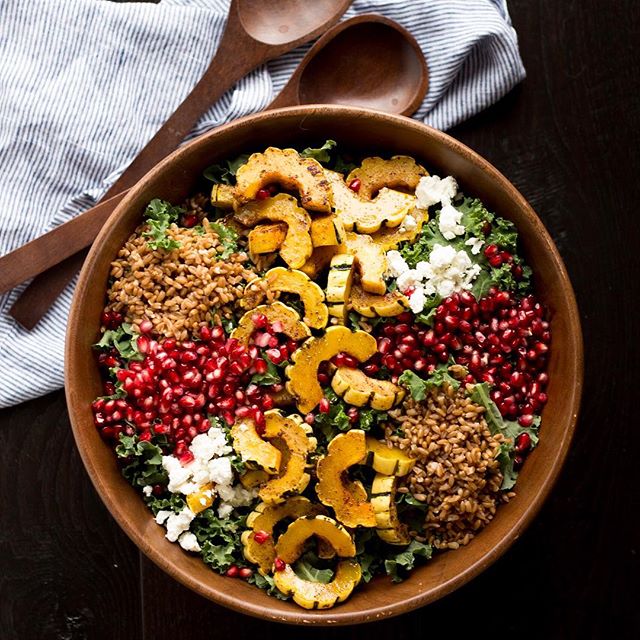 Kale Salad With Delicata Squash, Farro, Goat Cheese And Pomegranate