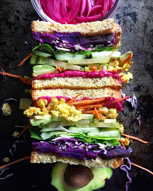 Stacked Veggie Sandwich With Roasted Beet Hummus Recipe | The Feedfeed